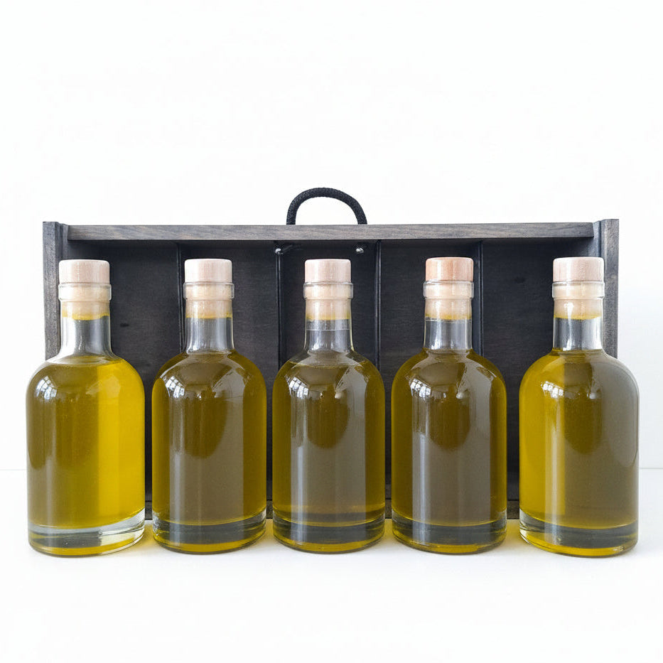 Olivenöl nativ extra Probierset aus 5x 0,2l Flaschen von hinten Las Valdesas 